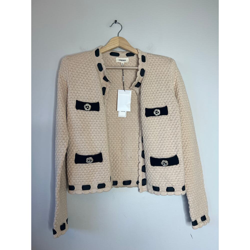 NWT L'Agence Strong Shoulder Decorative Knit Pockets Open Cardigan Cream XS - Picture 2 of 8